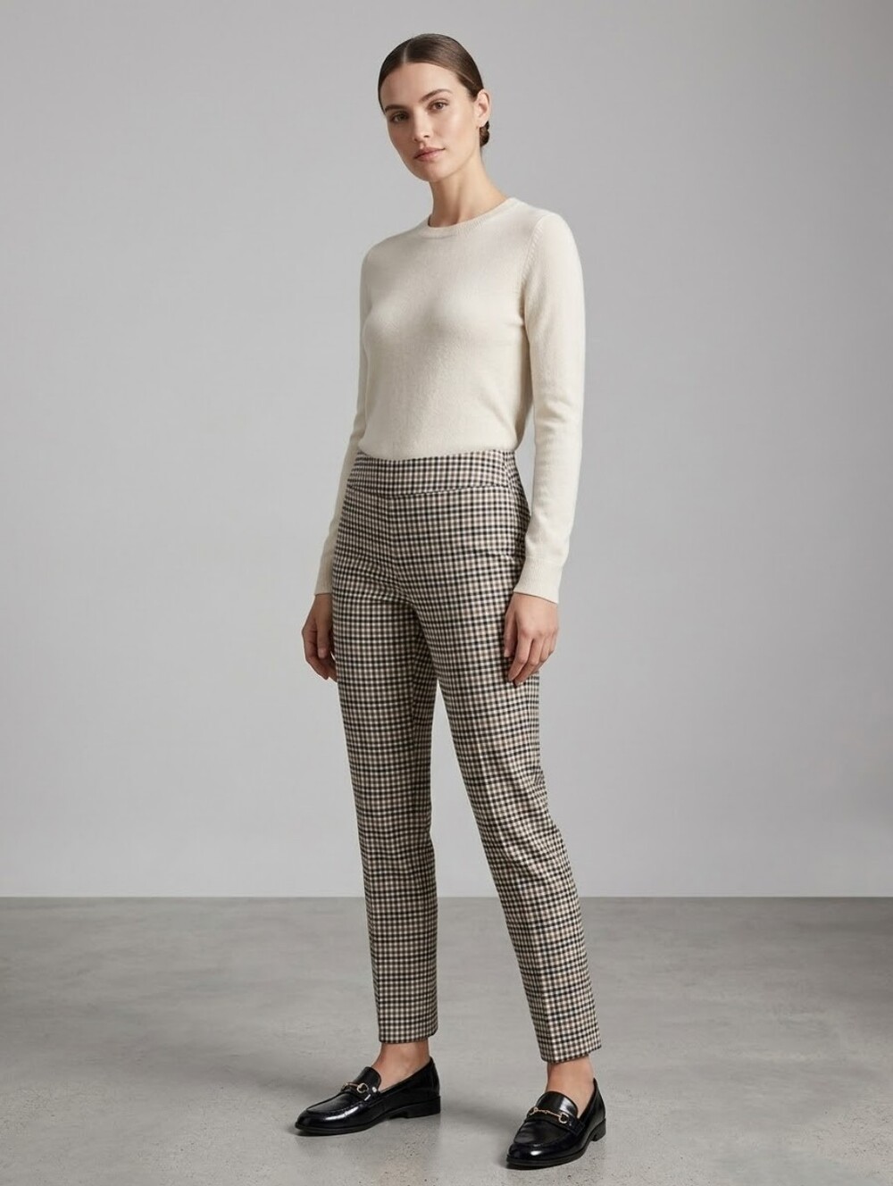 Renuar R1928 Plaid Pull On Pants Size 2 Cream Brown Black Tapered Ankle Trousers